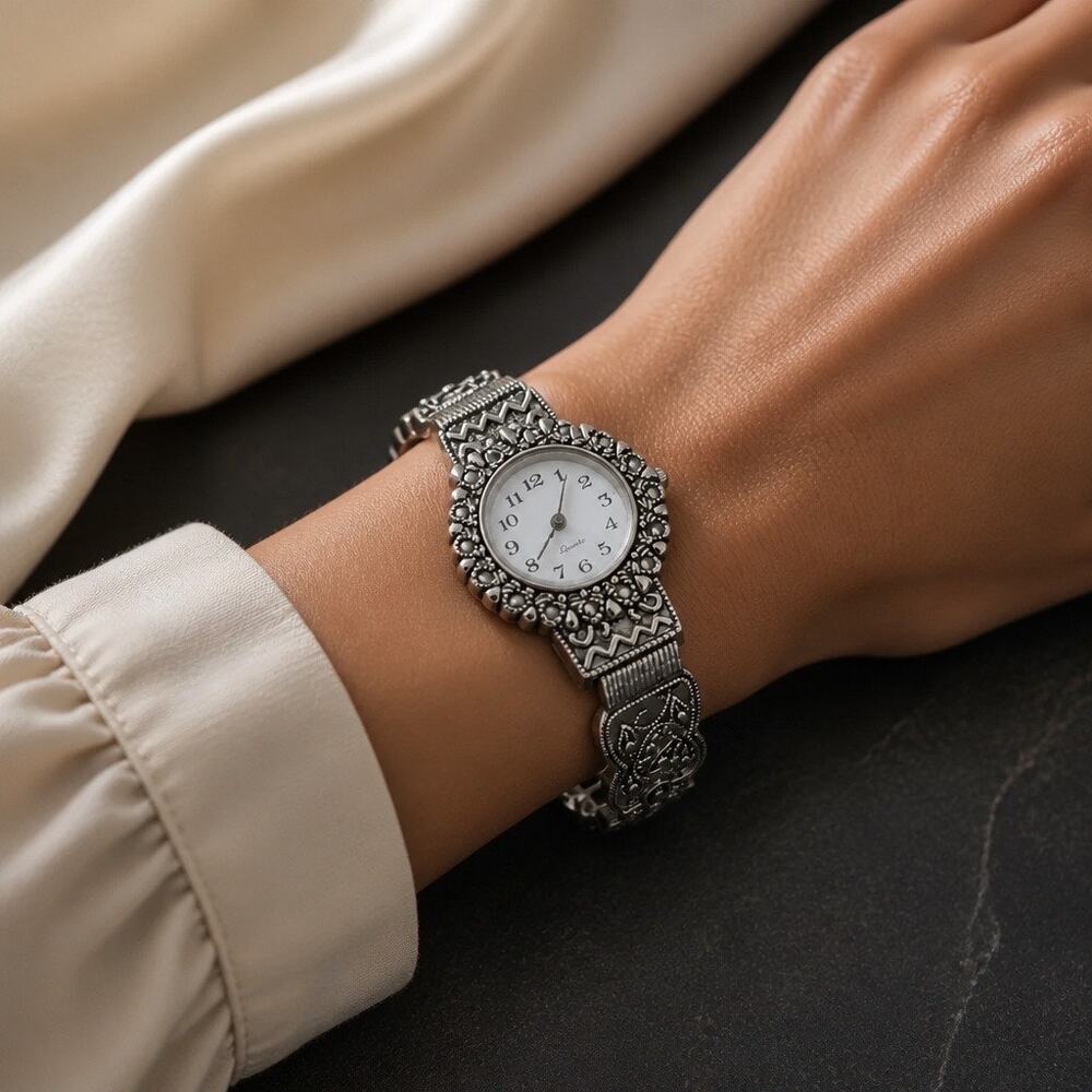 VINTAGE AVON ✨ Silver Marcasite Filigree Cuff Watch
